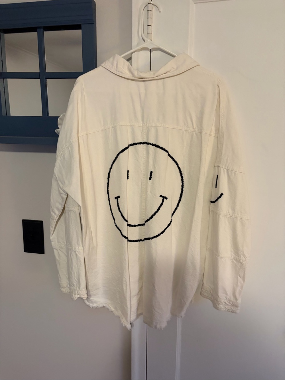 Elan Cream Button-Down Shirt with Black Smiley Graphic